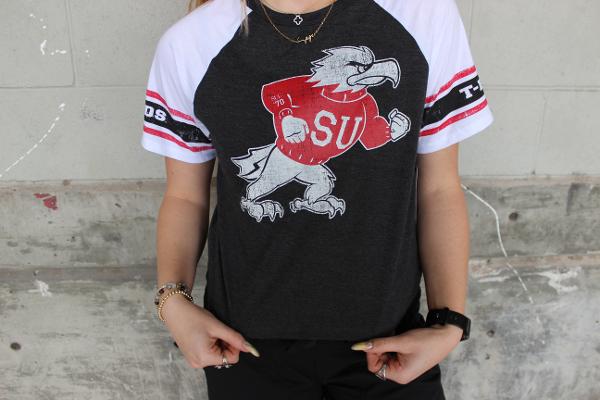 COLOSSEUM WOMENS CROP TEE S/S BLACK/WHITE FIGHTING BIRD; $30.00