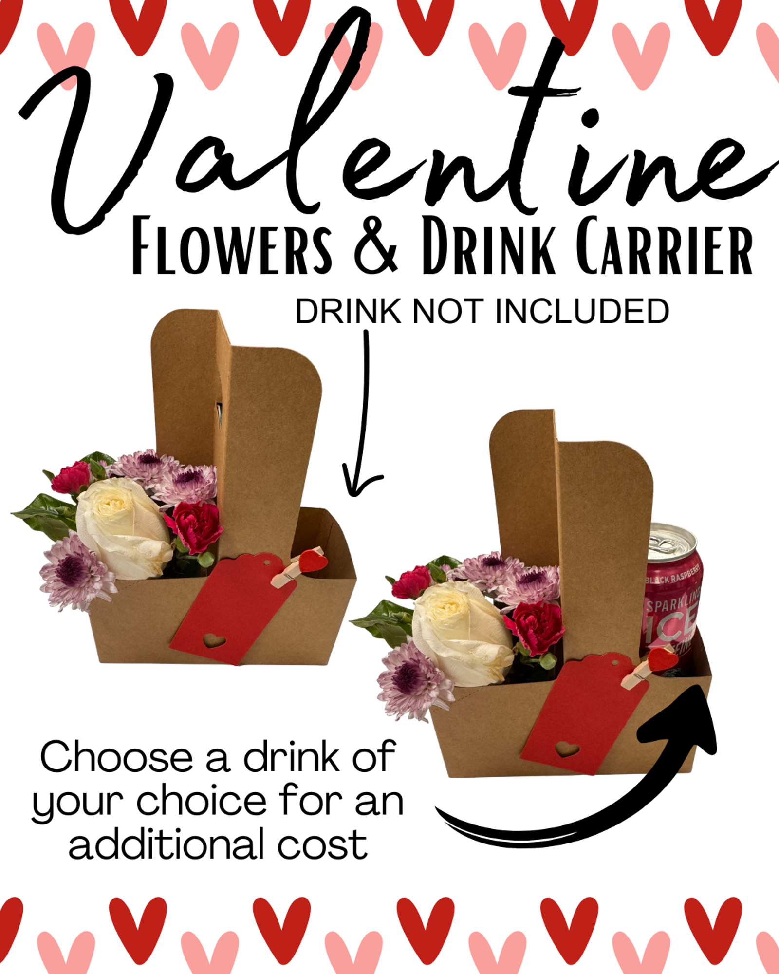 image of: Valentines Flowers & Drink Carrier (Drinks purchased separately)