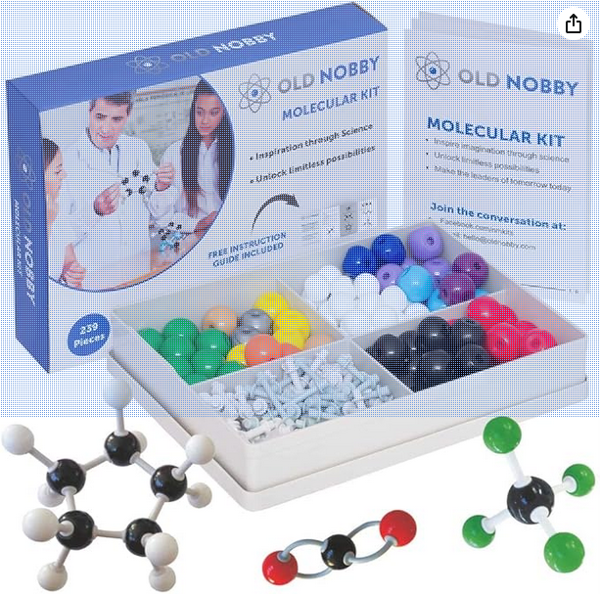 OLD NOBBY Organic Chemistry 239 Piece Model Kit - Molecular Model Kit with Atoms, Bonds, Instructional Guide, Bond Removal Tool, and Bonus Molecular Stencil; $34.99
