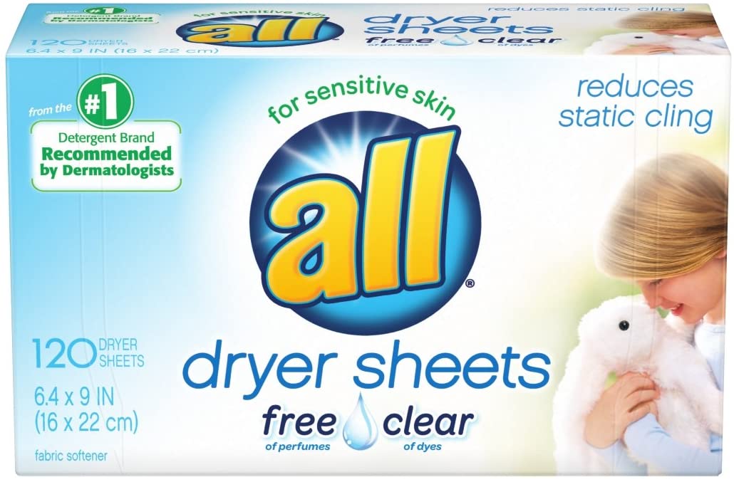 image of: all Fabric Softener Dryer Sheets for Sensitive Skin, Free Clear, 120 Count