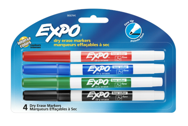 Expo Low Odor Dry Erase Markers, Fine Tip, 4 Pack; $9.98