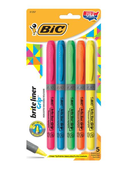 BIC Brite Liner Grip Highlighters, Fine Tip, 5 Pack; $6.98