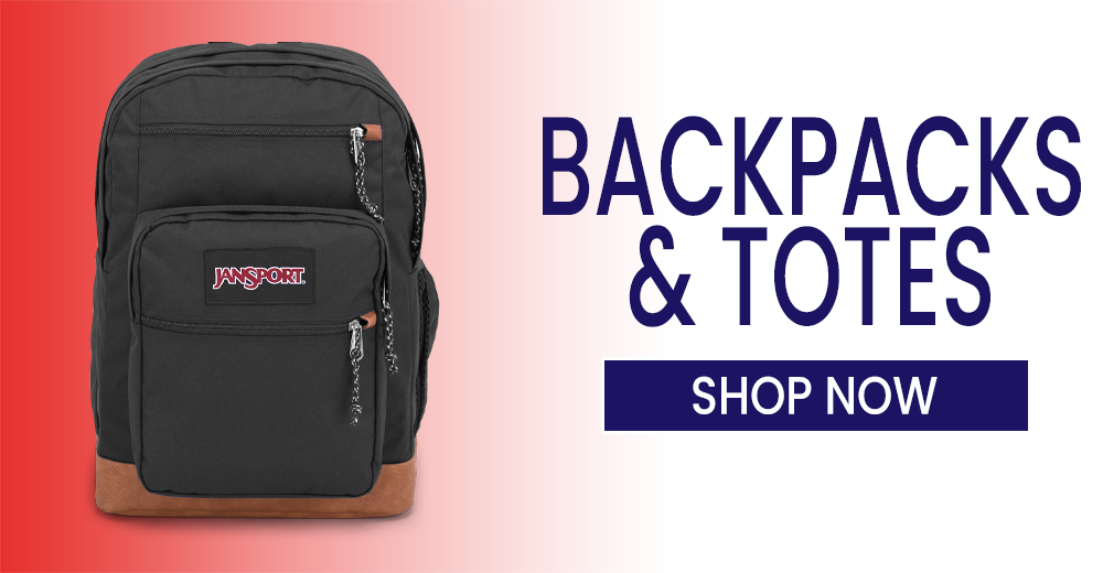Image of a Backpack with a shopping link. "Shop Backpacks and Totes"