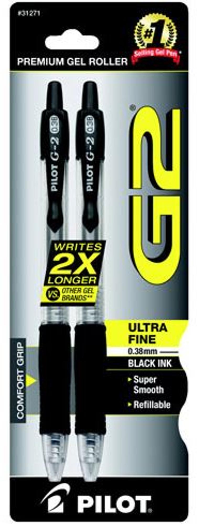 image of: G2 Ultra Fine .38mm Black Retractable Pens 2pk