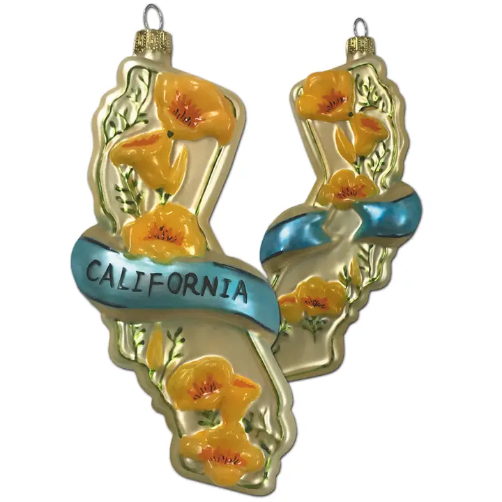 image of: California State with Poppies Glass Ornament