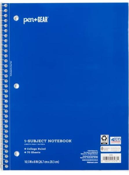 Spiral 1 Subject Notebook; $0.75