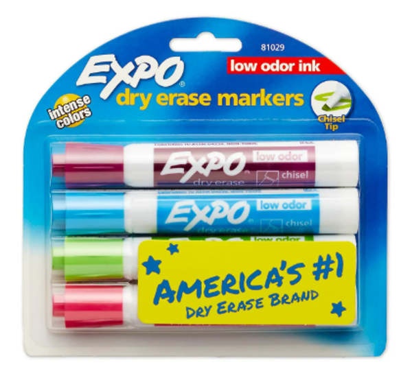 Expo Low Odor Dry Erase Markers, Chisel Tip, 4 Pack; $12.98