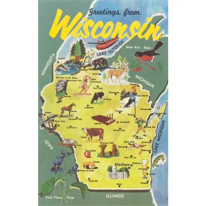 Product image 1 of 1 for Map of Wisconsin Postcard