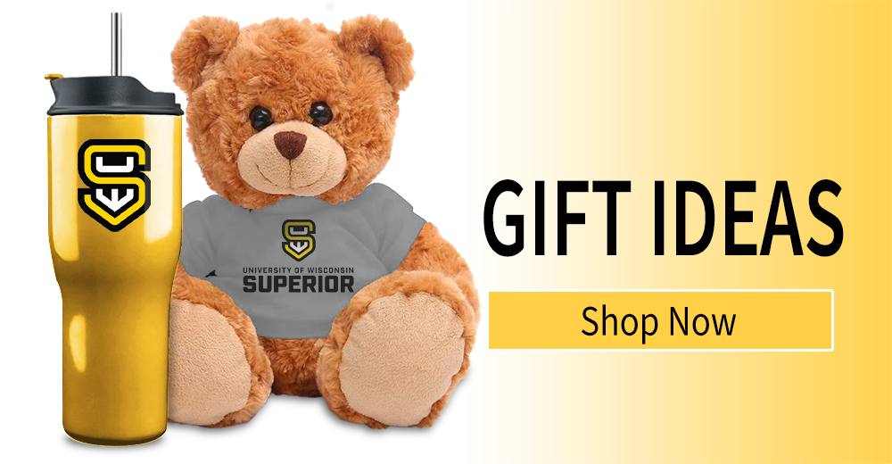 A college branded teddy bear and travel mug next to the text Gift Ideas Shop Now.