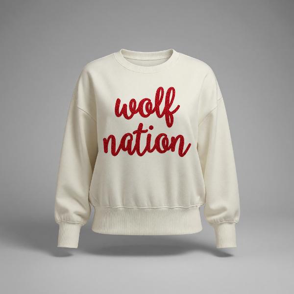 WOLF NATION TEXT "CHELSEA" DOLMAN CREWNECK; $39.99