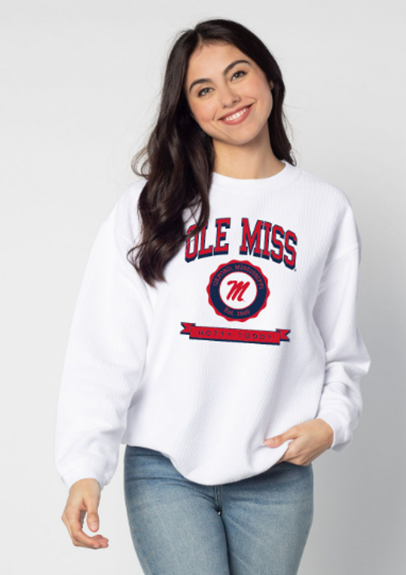 image of: Ole Miss Banner Corded Crew White