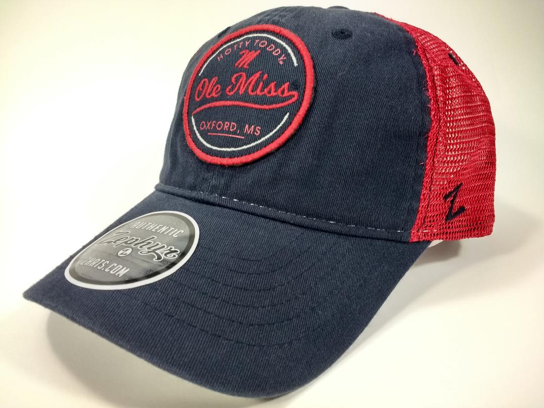 image of: Navy Ole Miss Badge Red Mesh Adjustable Trucker Hat Navy