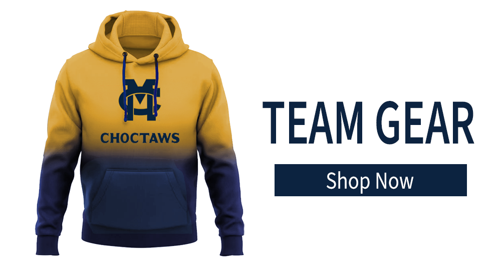 Official MC apparel and Choctaws fan gear image with shop now button.