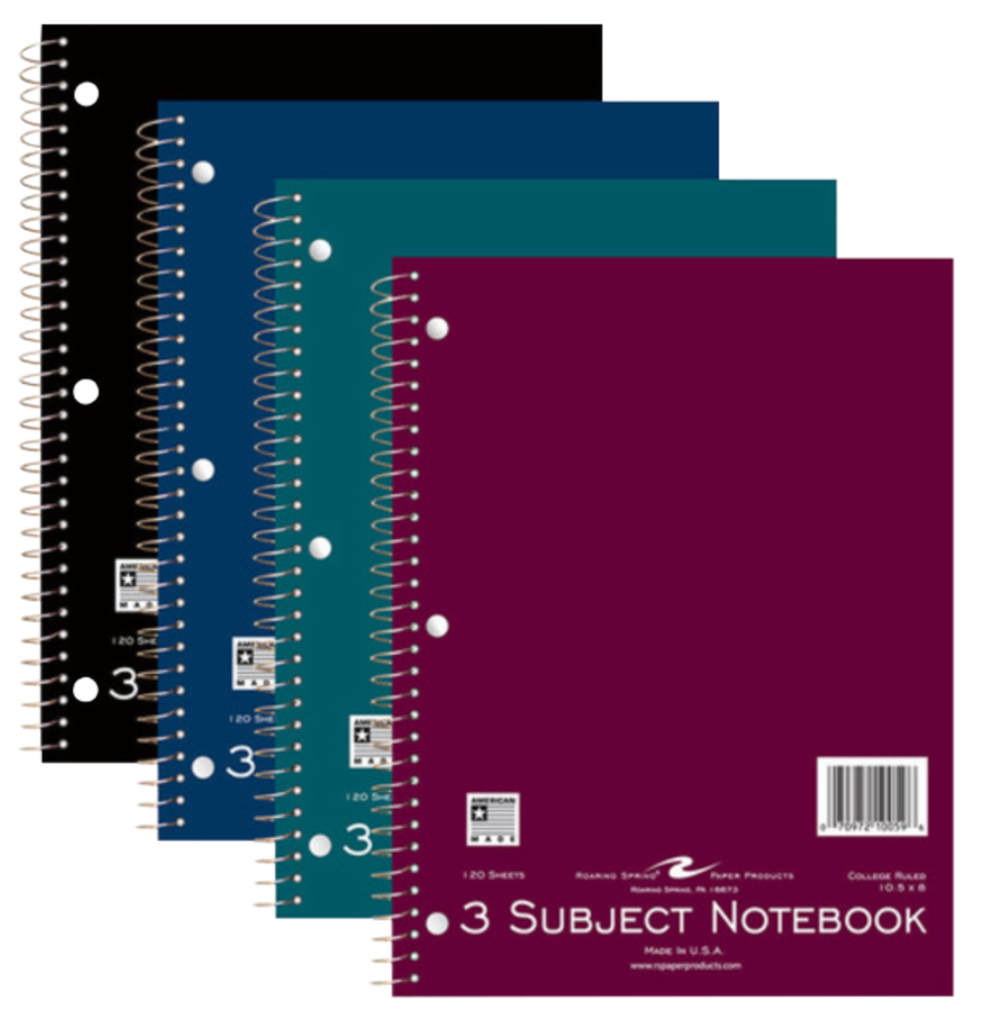 image of: Roaring Spring 3 Subject College Ruled Notebook, Assorted Colors