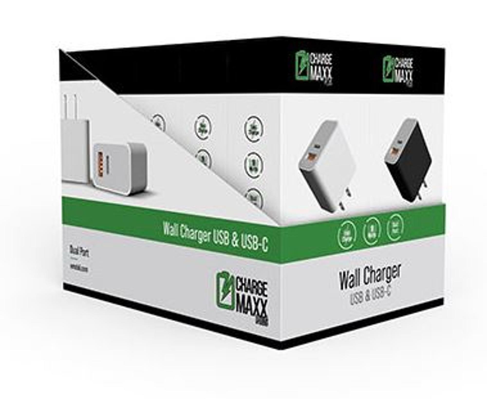 image of: USB-A and USB-C Dual 18w Wall Charger Black/White