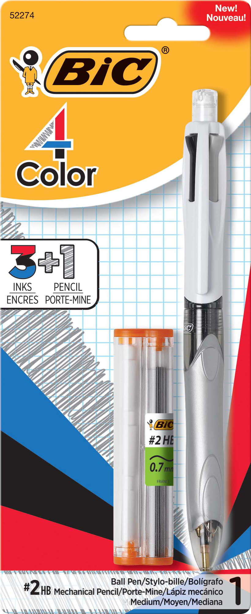 image of: 4-Color 3-in-1 Retractable Ballpoint Pen with Mechanical Pencil - Asst Asst 1Pk BP