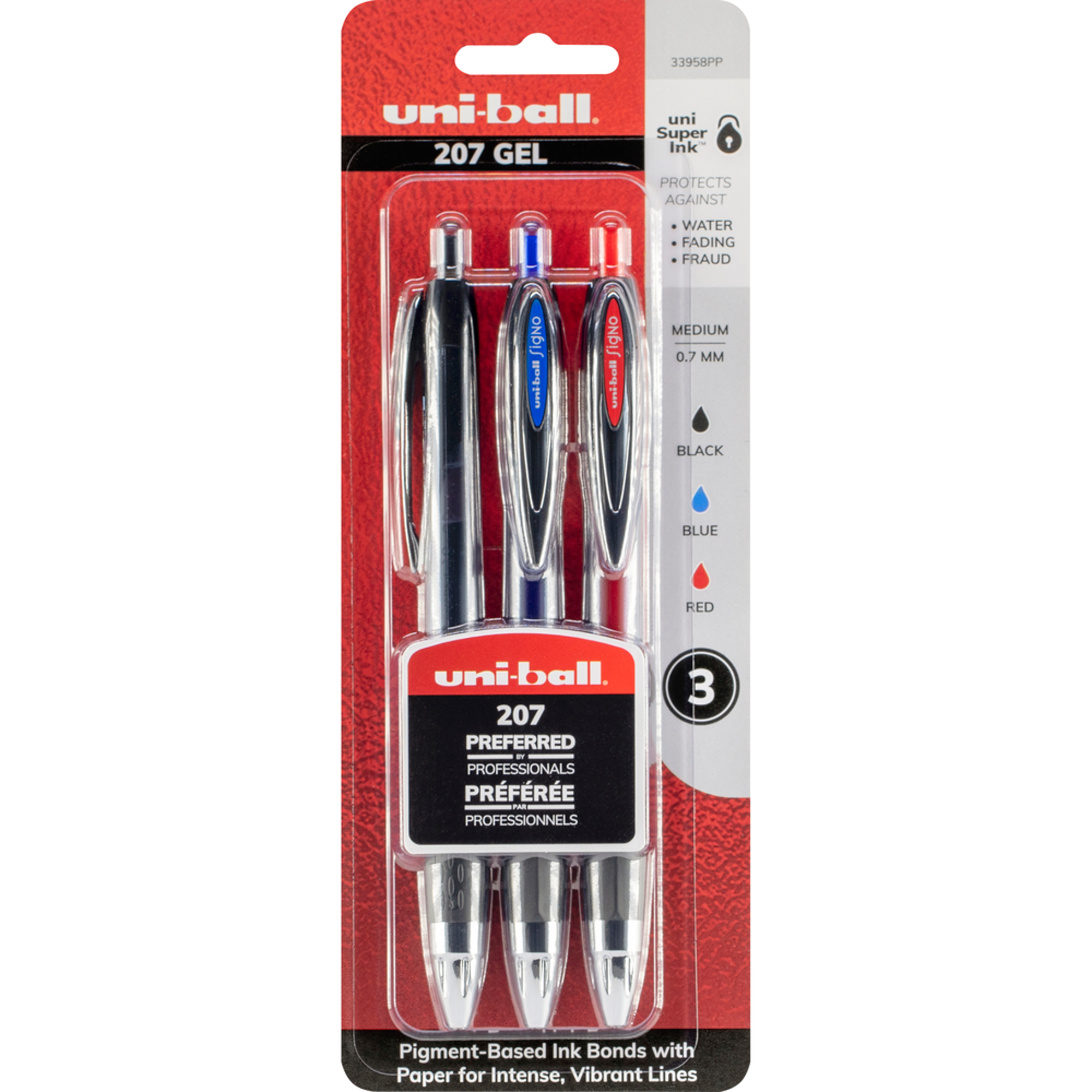 image of: uni-ball Signo 207 Retractable Gel Pen - Asst .7mm 3Pk BP