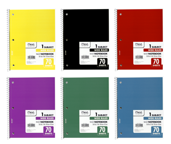 Mead 1 Subject Wide Ruled Notebook, 70 Sheets, Assorted Colors; $3.19