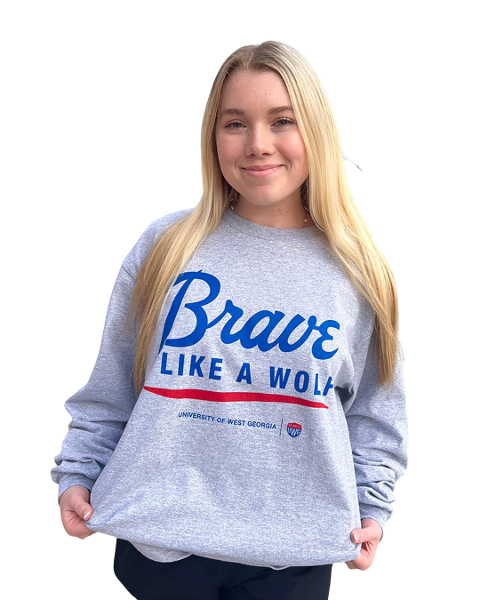 BRAVE LIKE A WOLF SCRIPT LOGO LONG SLEEVE; $23.99