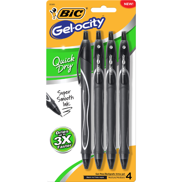 BIC Gel-ocity QUICK DRY Retractable Gel Pen - Black .7mm 4Pk; $7.99
