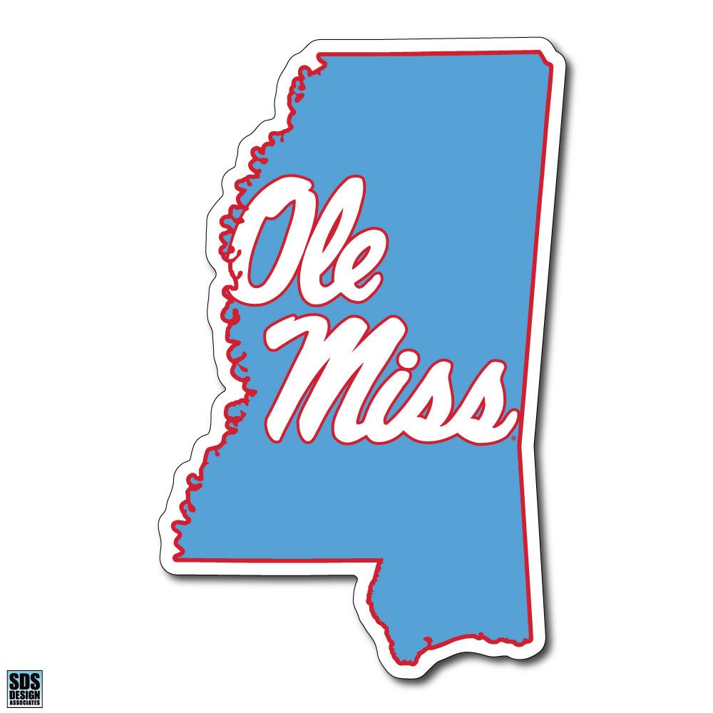 image of: Powder Blue State Ole Miss Script Vinyl Decal 3in