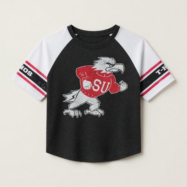 COLOSSEUM WOMENS CROP TEE S/S BLACK/WHITE FIGHTING BIRD; $30.00
