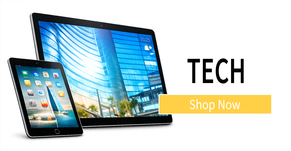 A tablet and laptop showing a campus building next to the text Tech Shop Now.