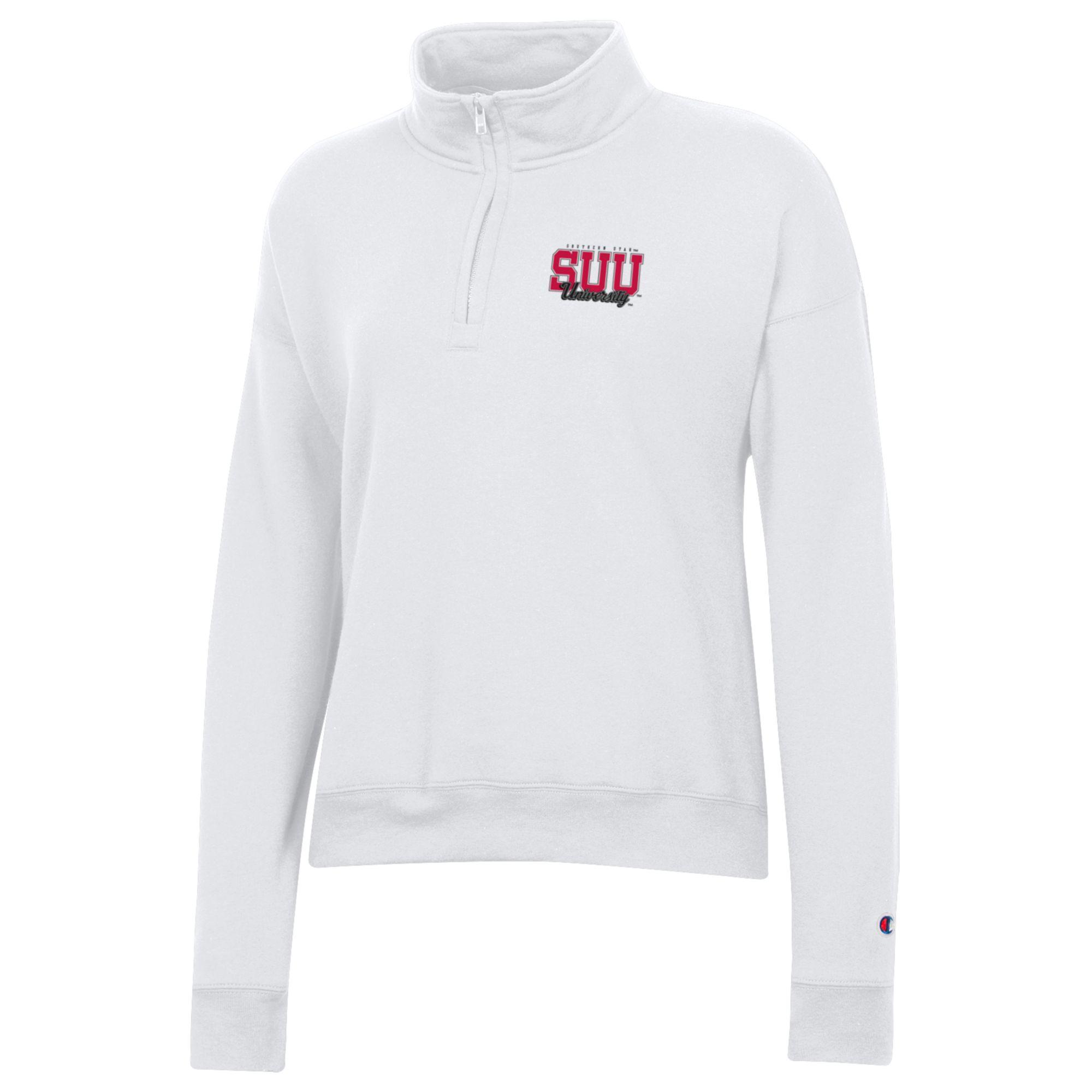 image of: CHAMPION WOMES 1/4 ZIP WHITE SUU LEFT CHEST
