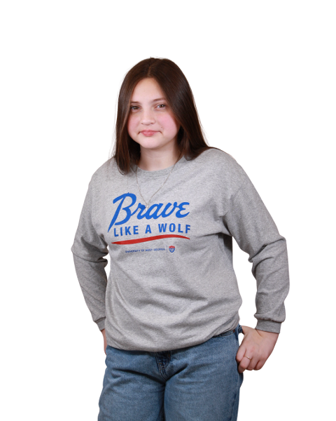 BRAVE LIKE A WOLF LONG SLEEVE TEE UWG SHIELD LOGO; $14.99