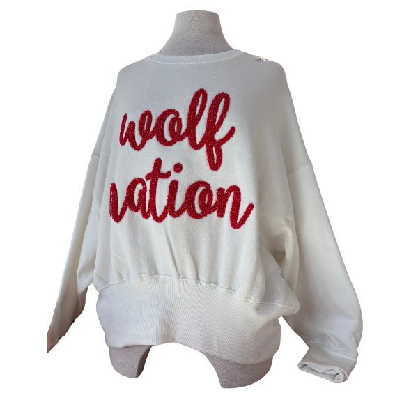 WOLF NATION TEXT "CHELSEA" DOLMAN CREWNECK; $64.99
