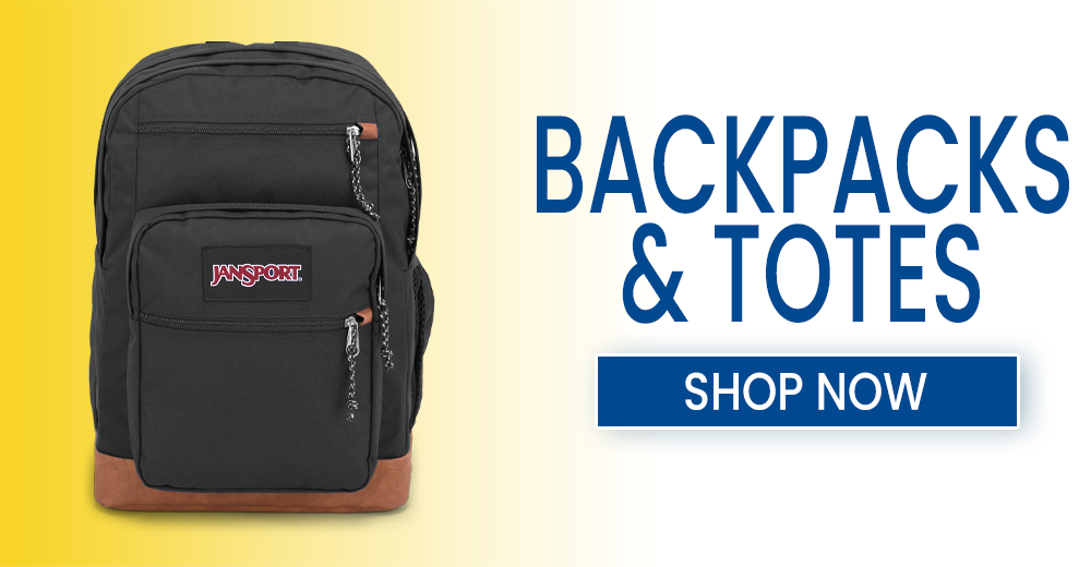 Image of a Backpack with a shopping link. "Shop Backpacks and Totes"