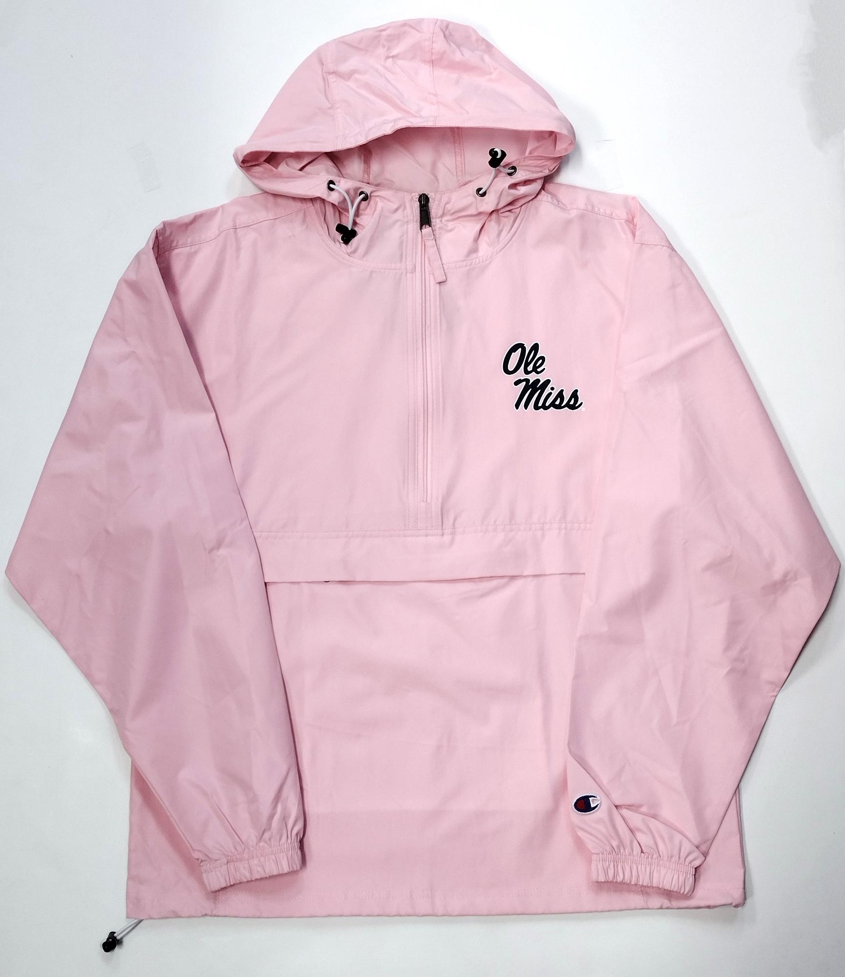 image of: Ole Miss Printed Script Packable Pullover Jacket Feather Pink