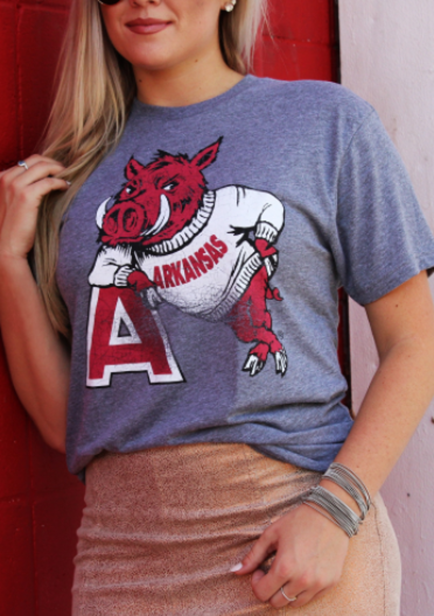 image of: Arkansas Razorbacks Hog Leaning on A Triblend Short Sleeve Tee- Grey