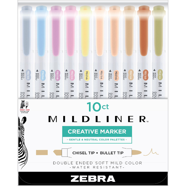 Zebra Mildliner Highlighters, Chisel and Bullet Tip, 10 Pack; $20.90