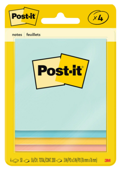 Post-It 3in x 3in Sticky Notes, 4 Pack; $4.99