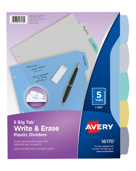 Avery Big Tab Write and Erase Plastic Dividers, 5 Tabs; $5.98