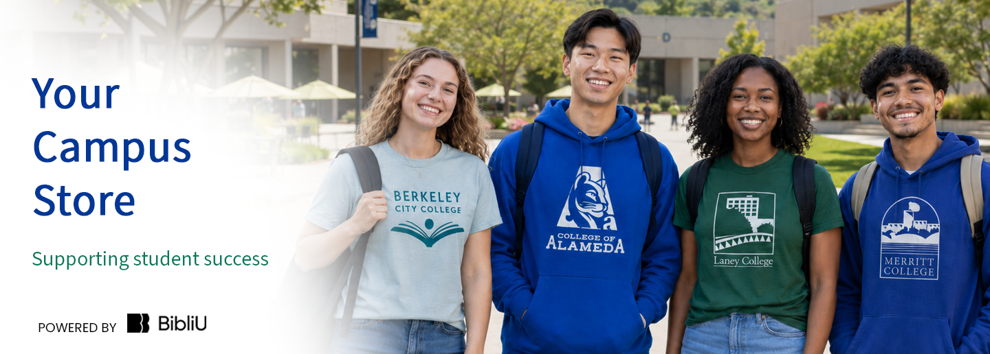 Four smiling Peralta Colleges students in campus apparel standing together outdoors.