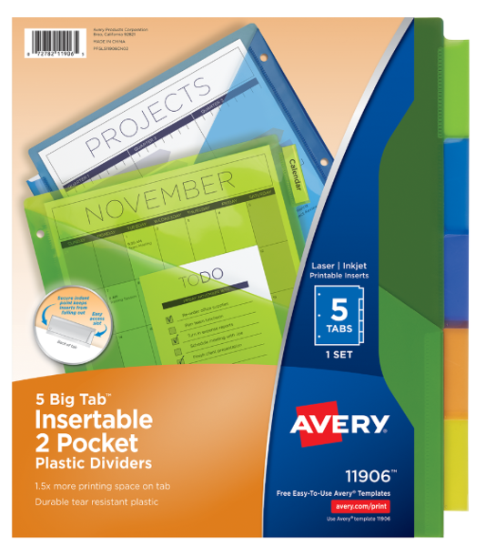 Avery Big Tab Insertable Plastic Dividers, 5 Tabs; $6.99