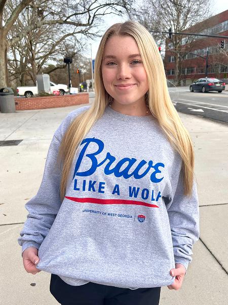 BRAVE LIKE A WOLF SCRIPT LOGO LONG SLEEVE; $23.99