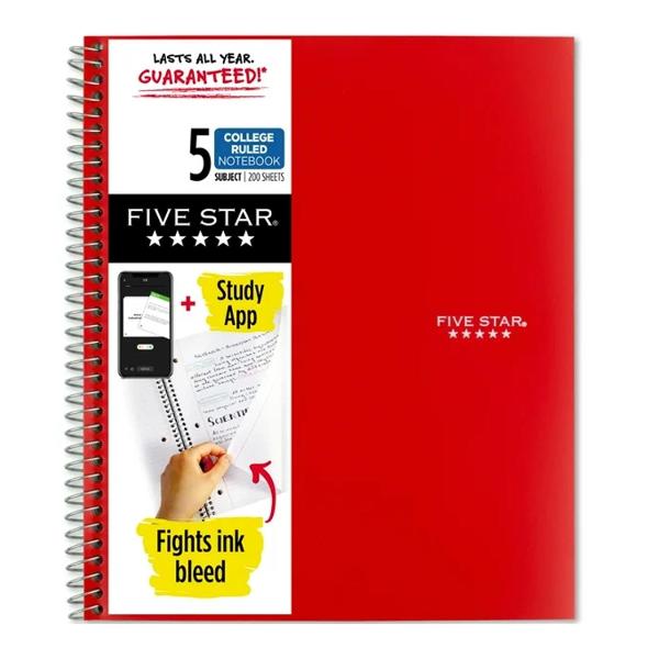 Five Star 5-Subject College Ruled Spiral Notebook; $16.98