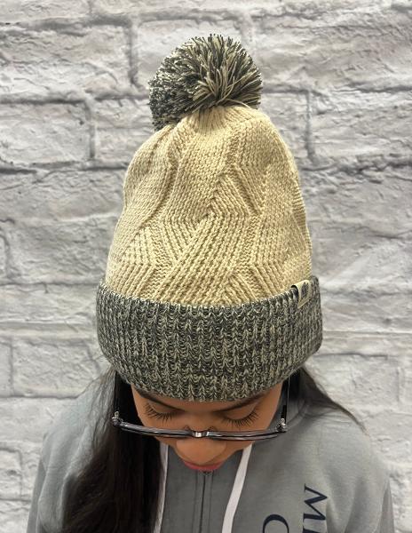 Cable knit beanie with heather cuff; $29.99