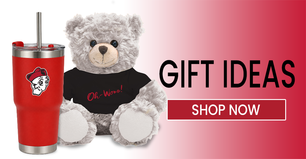 A college branded teddy bear and travel mug next to the text Gift Ideas Shop Now.