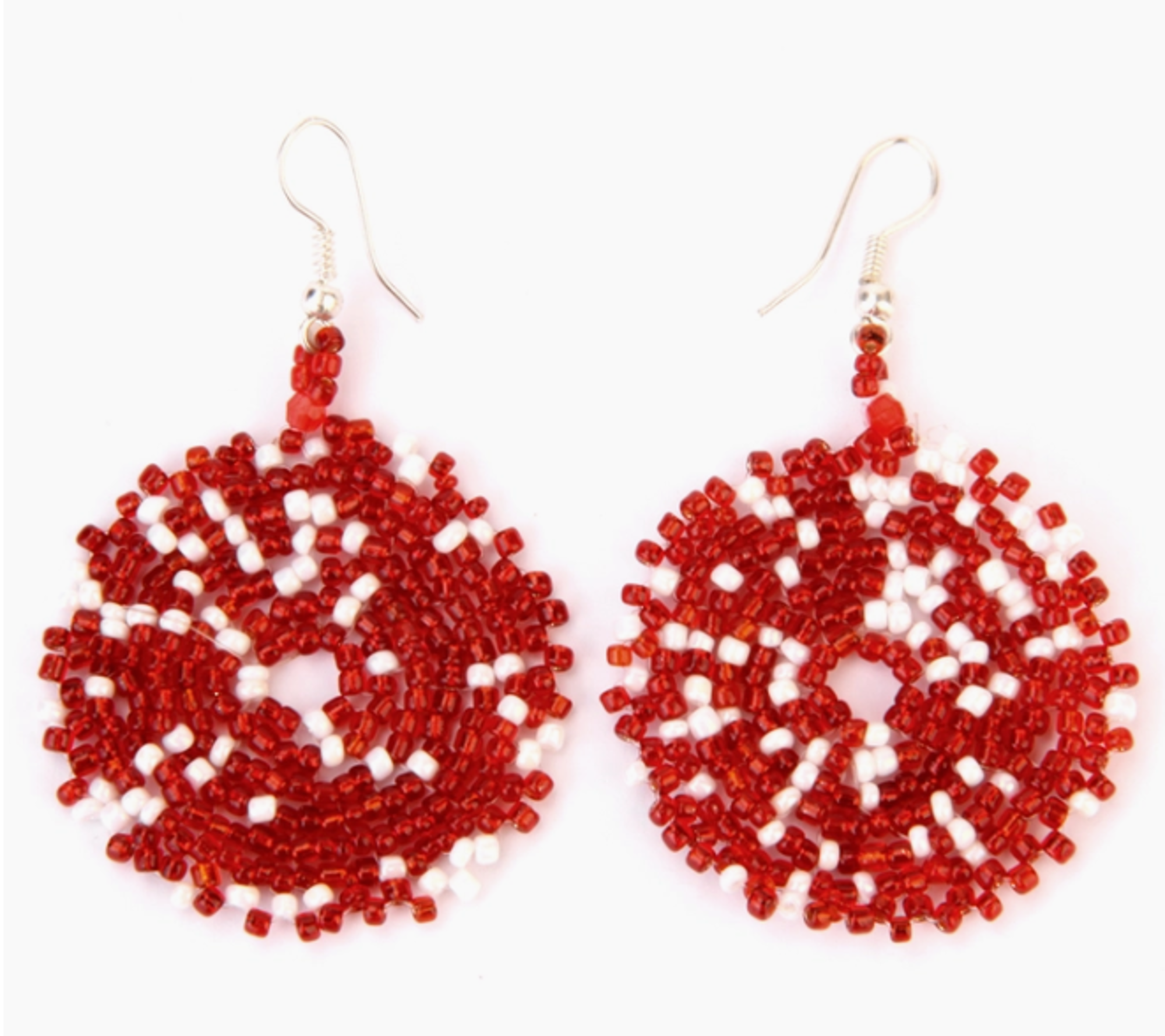 image of: Gameday Circle Hand Beaded Seed Bead Earrings - Red and White