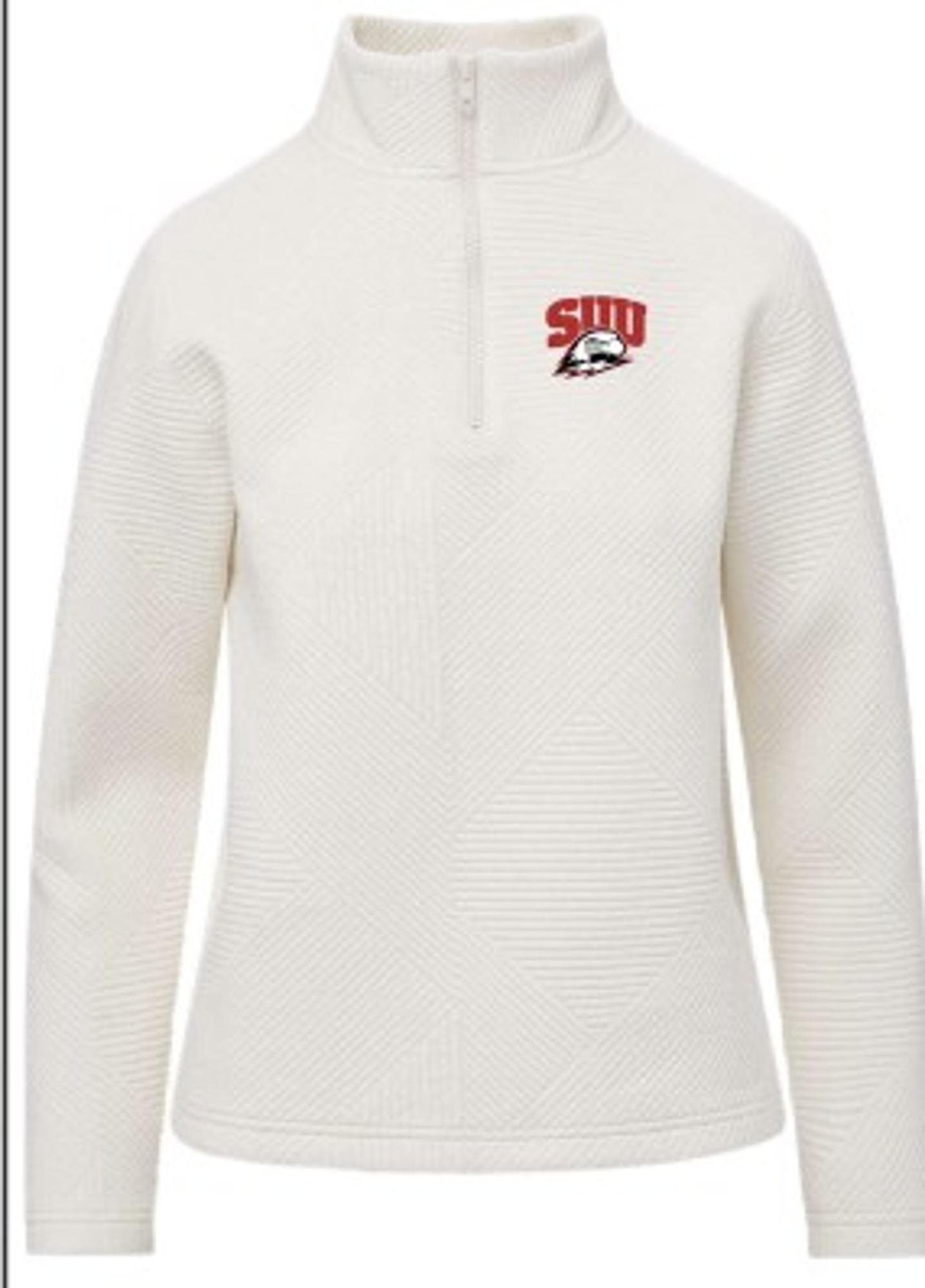 image of: WOMENS 1/4 ZIP WHITE SUU/THOR LEFT CHEST MV SPORT