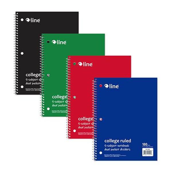 9" x 11" Assorted College Ruled 5-Subject Spiral Notebook; $13.00