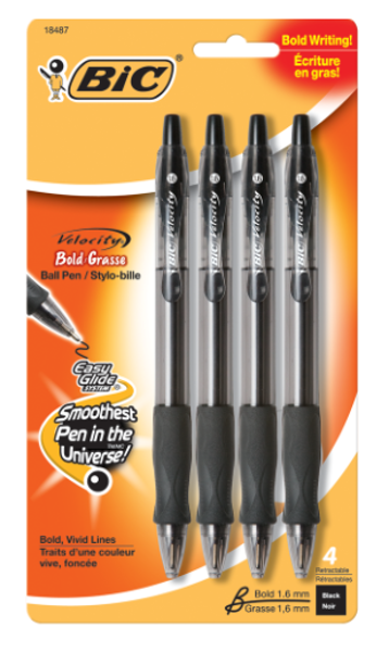 BIC Glide Velocity 1.6mm Retractable Ballpoint Pen, 4 Pack, Black; $6.98